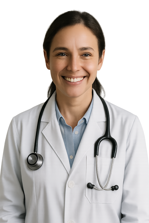 Médica de homedoctor sonriendo con bata blanca y estetoscopio
