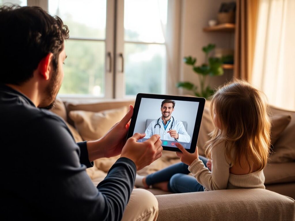 Familia española en el extranjero conectando con su médico