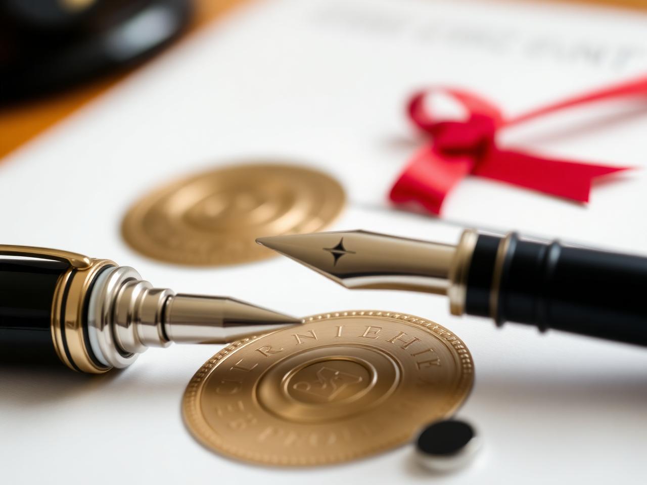 Pluma sobre documento notarial con sello dorado y lazo rojo